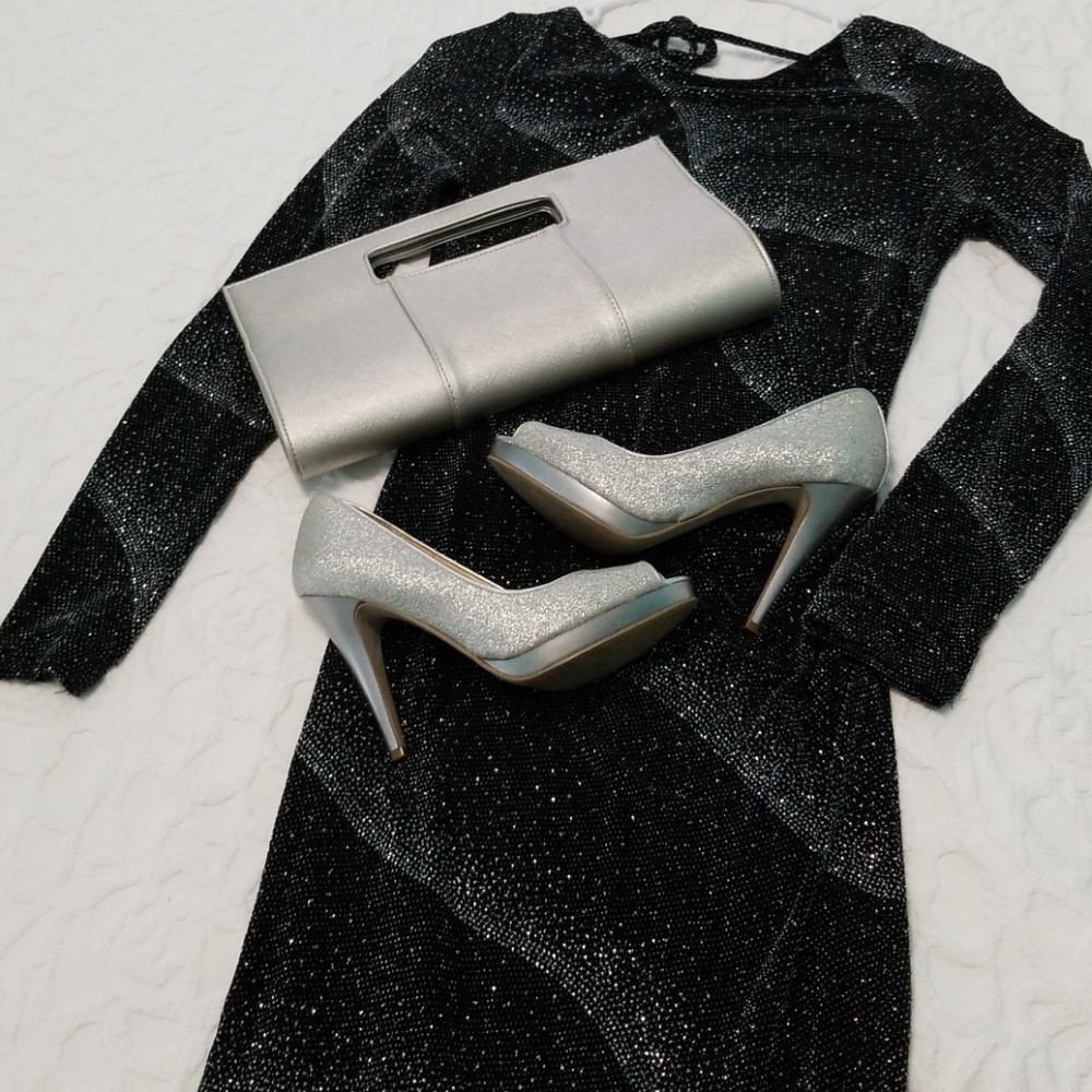 Embroidered silver metallic thread black dress